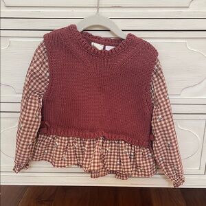 Zara Kids Maroon Knit Sweater with Plaid Sleeves